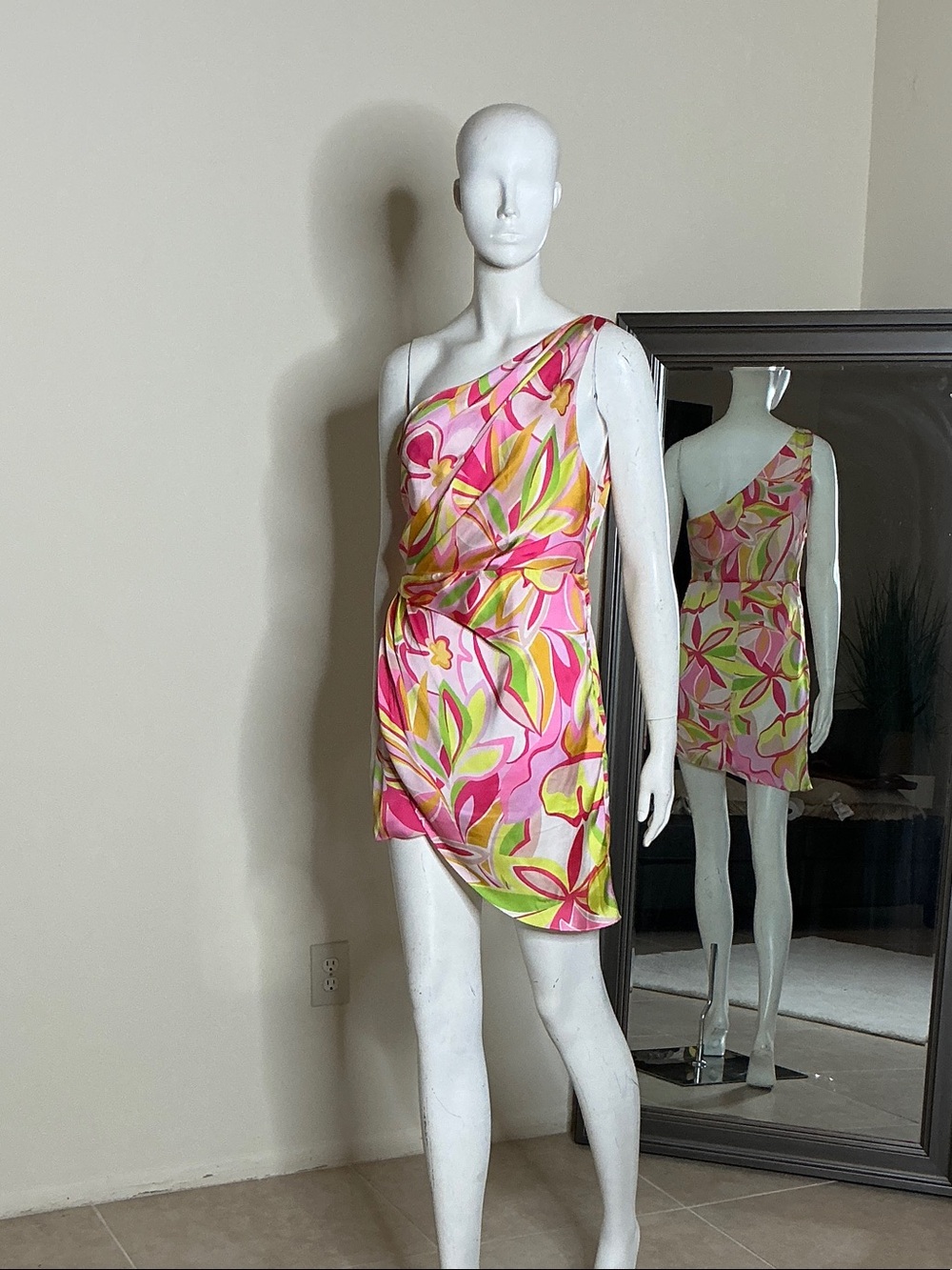 Biba One-Shoulder Floral Mini Dress in Pink and Lime